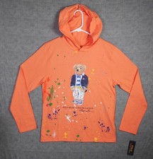 Polo Ralph Lauren Boys 14/16 Orange Long Sleeve Hooded T-Shirt Bear Large