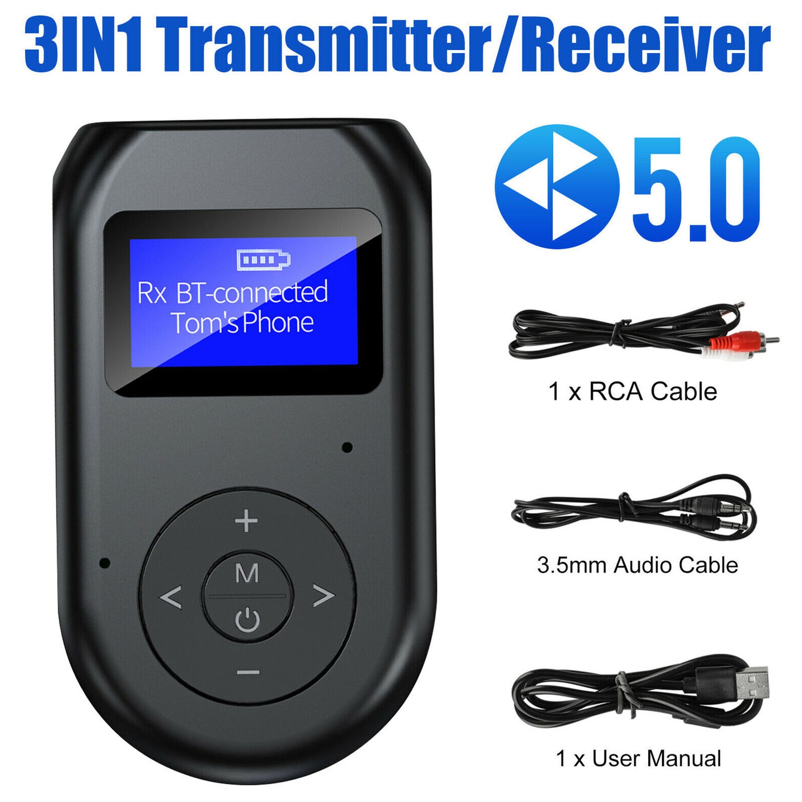 3-in-1 Bluetooth 5.0 Audio Transmitter Receiver with Screen for Wireless 3.5mm Devices