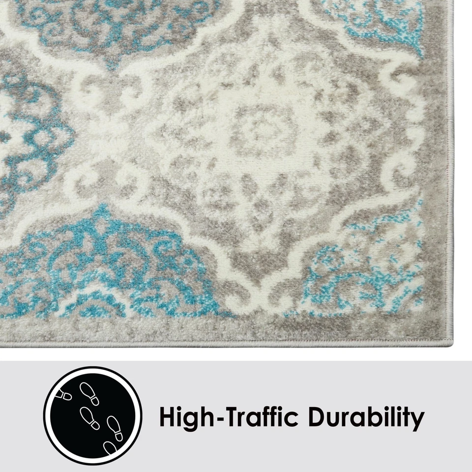 Boho Celeste Transitional Damask Area Rug, Grey/Blue, 1'6"x7'2" - Image 4 of 4