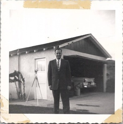 Dapper Man in Suit Classic Car Automobile Camera Snapshot 1950s Vintage Photo