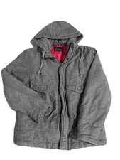 VTG Quik Silver  M Grey Denim-like Coat Jacket w/ Detach Hood Red Lining