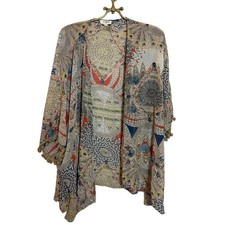 Umgee USA M L Boho Kimono Duster Cardigan Colorful Feather Print Pom Poms