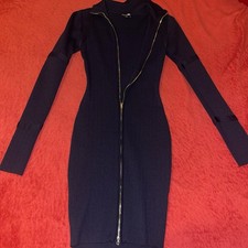 Black Long Sleeve Zip Front Bodycon Dress High Neck Knee Length Solid Women