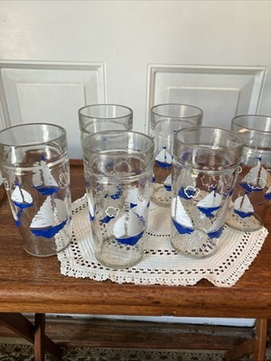 Blue And White Sail Boat Glasses Set Iof 6 Unsigned 16 Oz