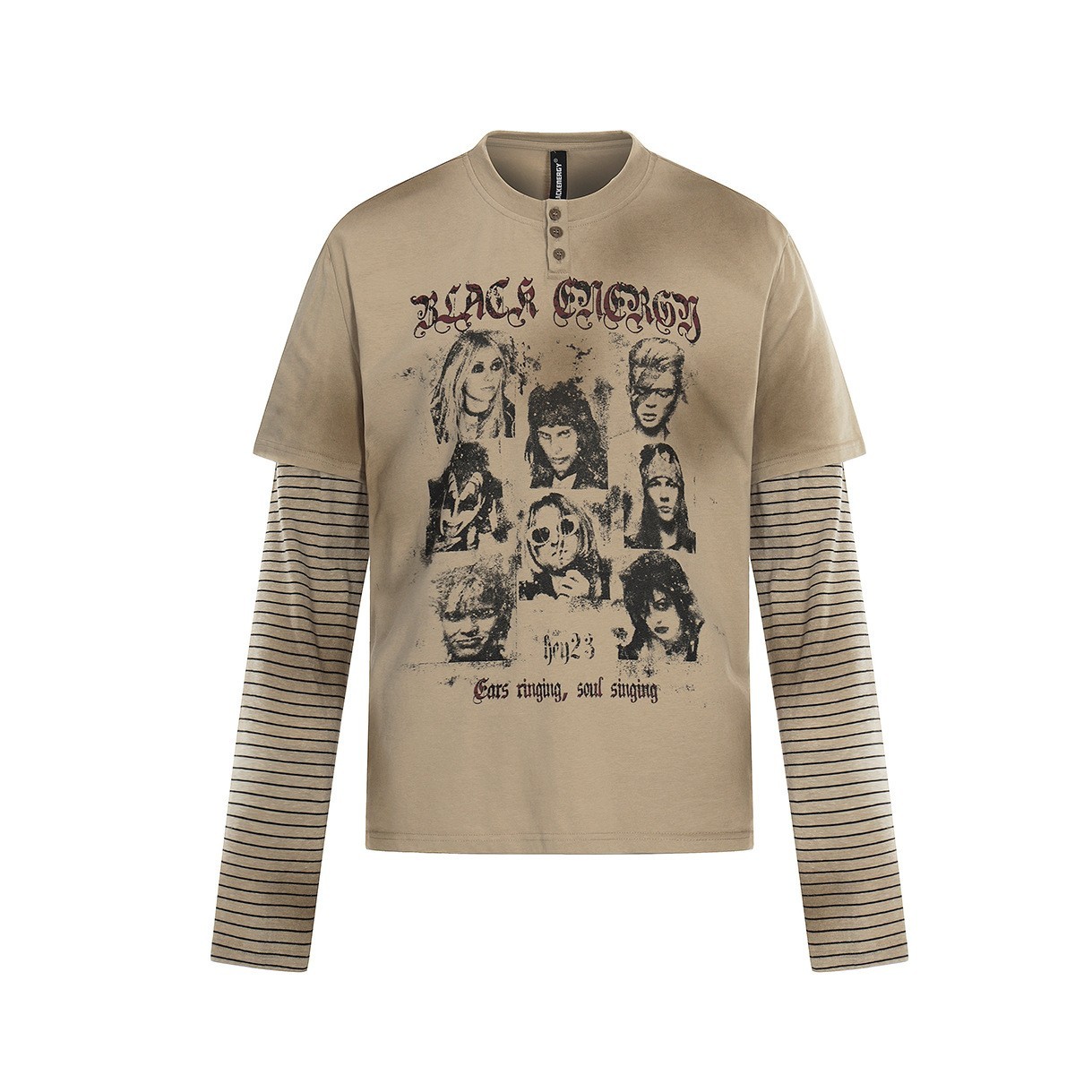 Vintage Graphic Polo Shirt Khaki Long Sleeve Button Collar Streetwear S-XL