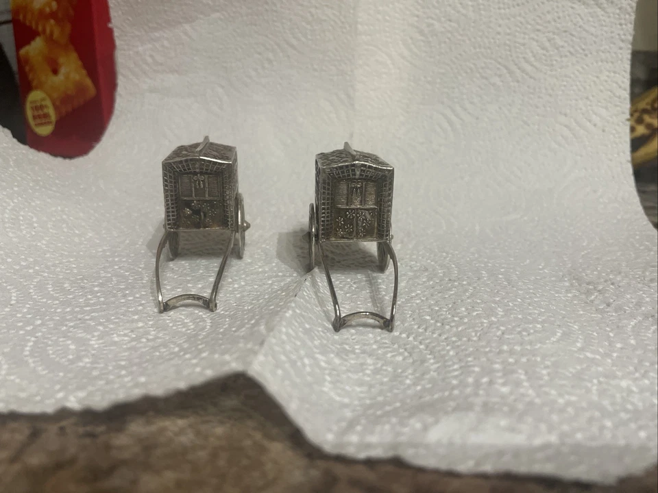 Antiguo juego de saleros y pimenteros japoneses de plata maciza Rickshaw Wagon 950 Foto 4 de 4