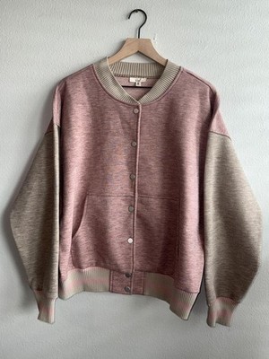 Easel Bomber Jacket Medium Pink Colorblock Snap Front Oversized Casual Jacket