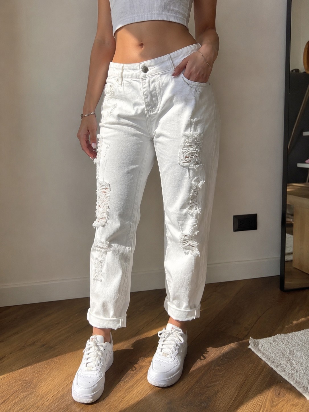 Jeans Donna AMISU Boyfriend Bianchi Distressed Destroyed Taglia 30 Vintage