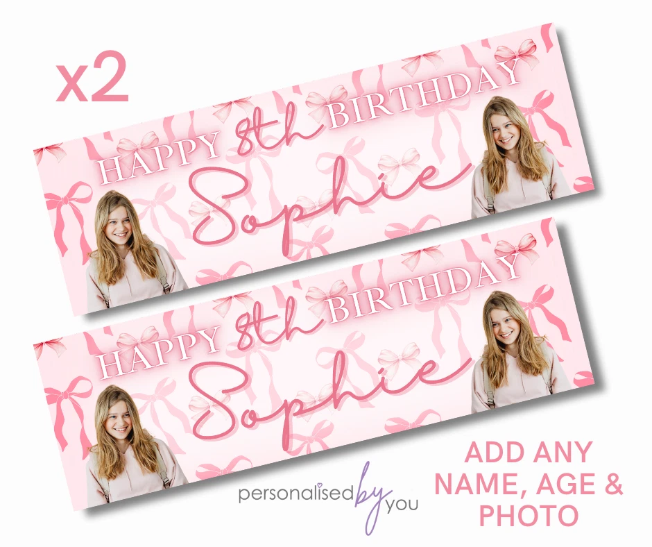 MADVINL 2x Personalised Photo Birthday Banners PINK Bows Large 16th 18th 21st 30th 40th