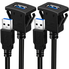 BATIGE 2 Pack Square Single Port USB 3.0 Flush Mount Extension 1ft, Black