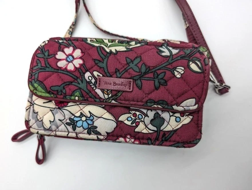 Bolso Bandolera Vera Bradley 3 en 1 RFID Burdeos Flores Libélula Cartera Muñequera Foto 2 de 4