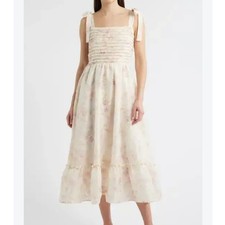Joie Floral Embroidered Smocked Midi Dress Pink Cream Tie Shoulders Large