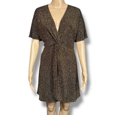 Show Me Your Mumu Womens Get Twisted Mini Dress V Neck Stretch Gold Black Medium