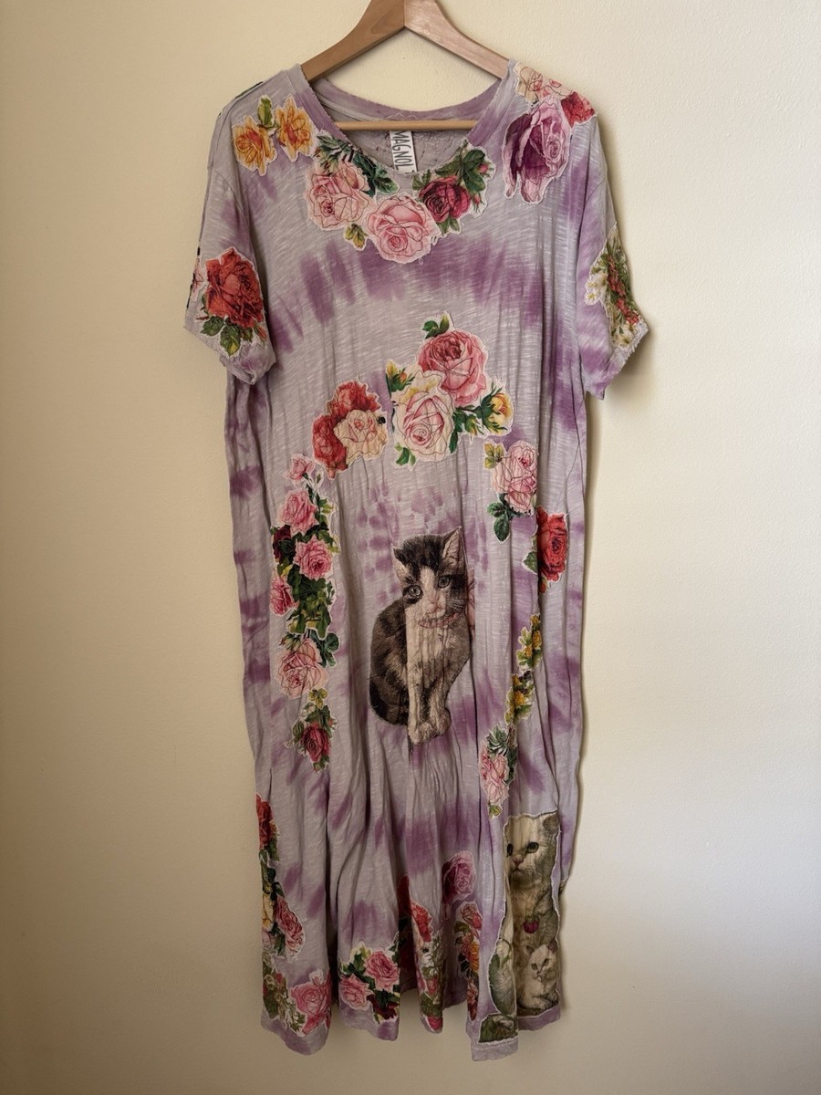 Magnolia Pearl New Cat Kitty Jersey Tie Dye Applique Tee Shirt Dress Juniper