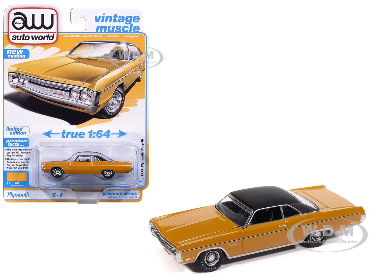 1971 PLYMOUTH FURY II BAHAMA YELLOW 1/64 DIECAST BY AUTO WORLD