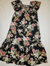 Vintage Jade Fashions Hawaiian Muumuu Dress Size Medium 100 Cotton Black Floral
