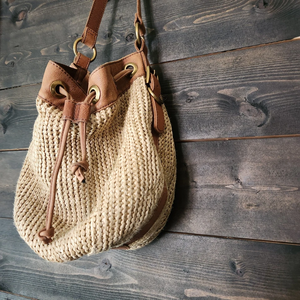 Bolso Bandolera Vintage Fossil Cordón Bucket Yute Cuero Marrón Foto 4 de 4