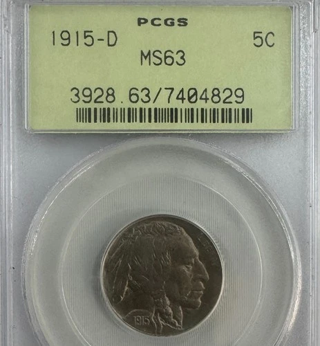 1915 D Buffalo Nickel 5 Cents Certified PCGS Graded MS63 5c Coin Old Holder