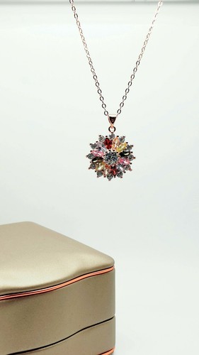 Rose gold finish multicoloured gemstones flower design necklace valentines idea - Picture 8 of 8