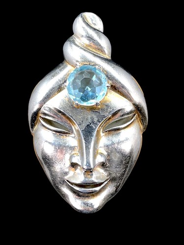 STUNNING VINTAGE SILVER-TONE BLUE RHINESTONE EXOTIC ASIAN PRINCESS DRESS CLIP