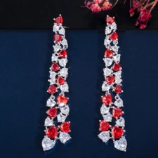 Lovely Red CZ Bridal Heart Cluster Long Dangly Drop Earrings Costume Jewellery
