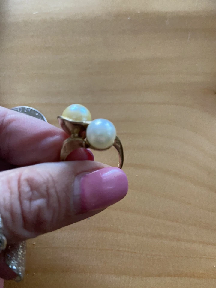 Винтажное кольцо из желтого золота 14 карат с двойным жемчугом размер 6,75 - Изображение 3 из 4