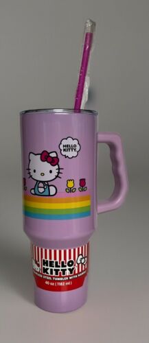 Hello Kitty 40oz Stainless Steel Tumbler with Handle Pink Rainbow Pattern NEW