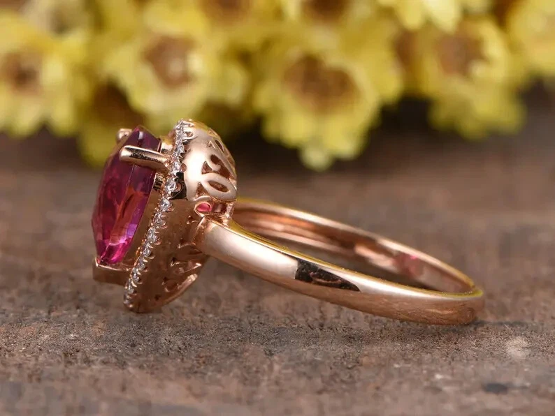 18K Gold Plated 925 Sterling Silver Rubellite Pear Cut Red Bridal Ring for Her - Image 2 of 4