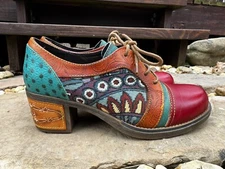 SOCOFY Shoes US 7.5 Leather Retro Boho Lace Up Patchwork Tapestry Colorful Artsy