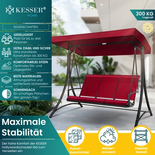 KESSER® Hollywoodschaukel Gartenschaukel mit Sonnendach 3er Schaukelbank 300kg - Bild 11 von 41