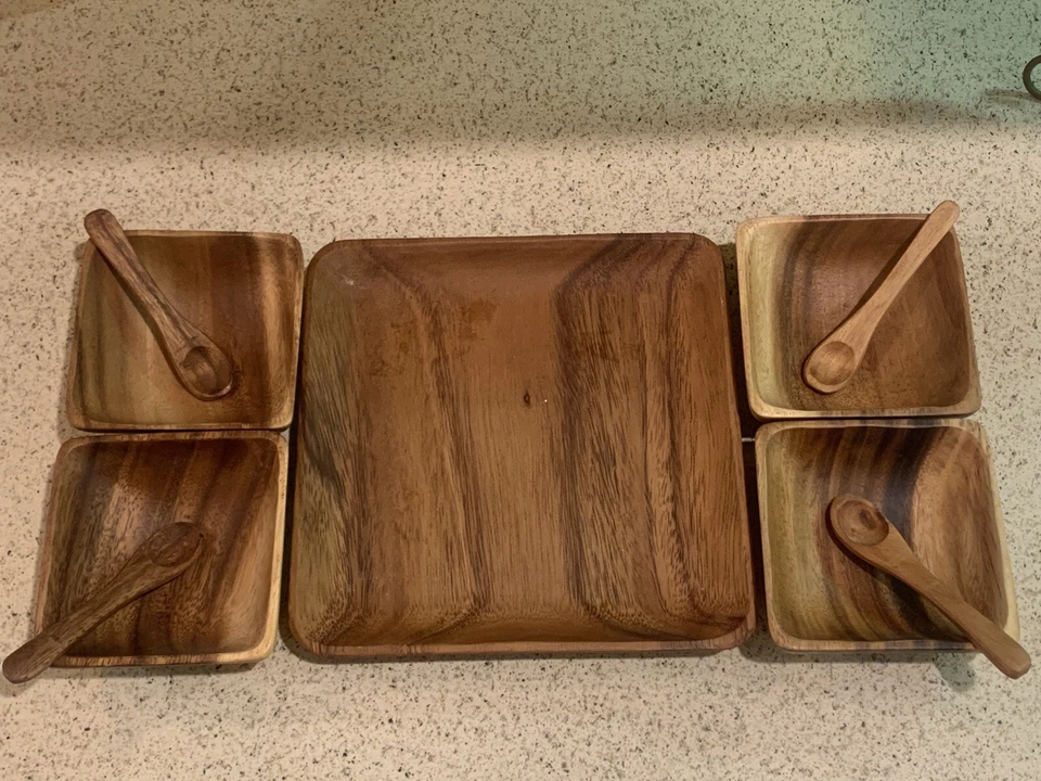 Juego de bandejas de condimentos de madera de 9 piezas con 4 cuencos 4 cucharas y bandeja Foto 4 de 4