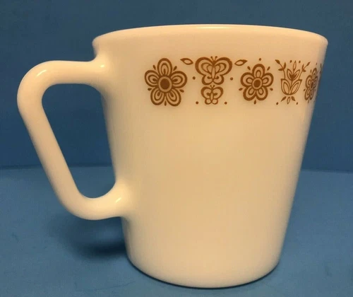 Vintage 1970's PYREX "Butterfly Gold" Mug Cup White Glass D-handle 1410 USA VGC