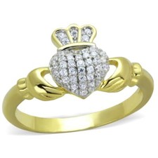 14k Yellow Gold IP Plated Irish Claddagh Heart  Crown Ring 925 Sterling Silver