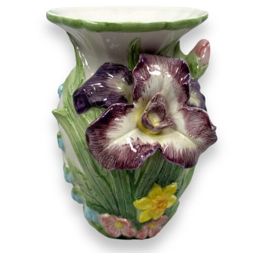 Vintage Fitz and Floyd Omnibus Iris Blumenmuster Keramik Majolika 8"" Vase 1994 - Bild 1 von 8