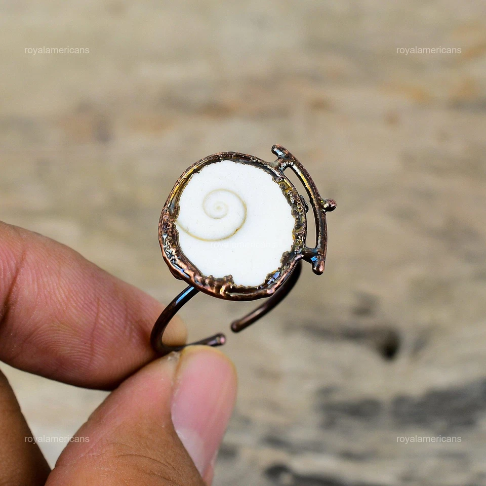 Venta Día de la Madre Shiva Ojo Concha Piedras Preciosas Electroformado Anillo Solitario Cobre Foto 3 de 4