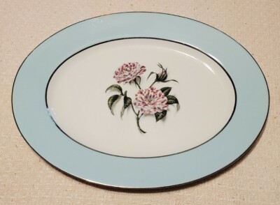 Nancy Prentiss Rosa Mundi SERVING TRAY Aqua Border Floral Center USA