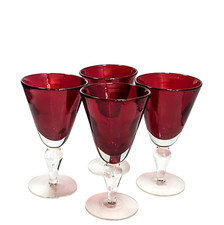Set 4 Ruby Red Water Blown Glass Goblets Clear Stem 7.5"