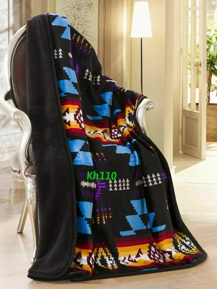 Southwest Navajo Print Black Throw Blanket Sherpa Native American