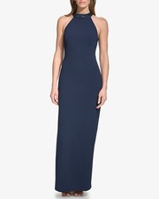 Vince Camuto Women's Sequined Halter Column Gown Navy Size 14 $198