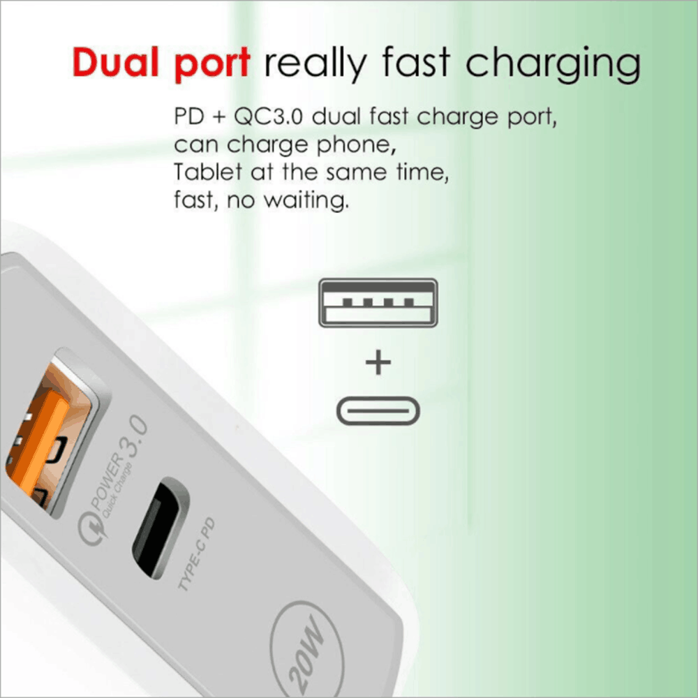 20W Fast Dual Port USB Wall Charger - PD Quick Charge & QC 3.0 Adapter With Cable (USA)