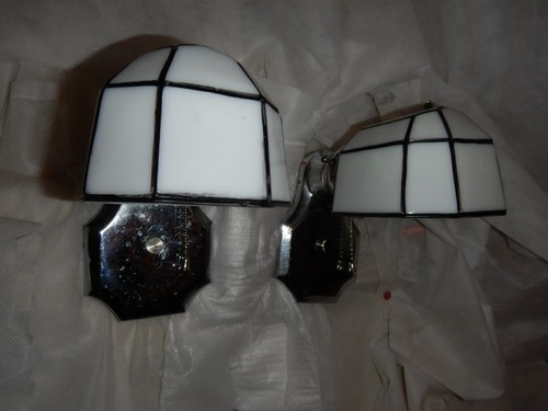 Pr Bathroom Arts & Crafts Deco Igloo Blk Stenciled Shades Nickel Chrome Fixtures - Picture 8 of 12
