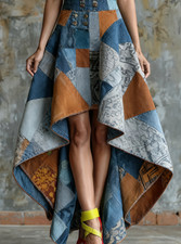 Vintage Distressed Denim Asymmetric Flared Maxi Skirt Y2K Boho