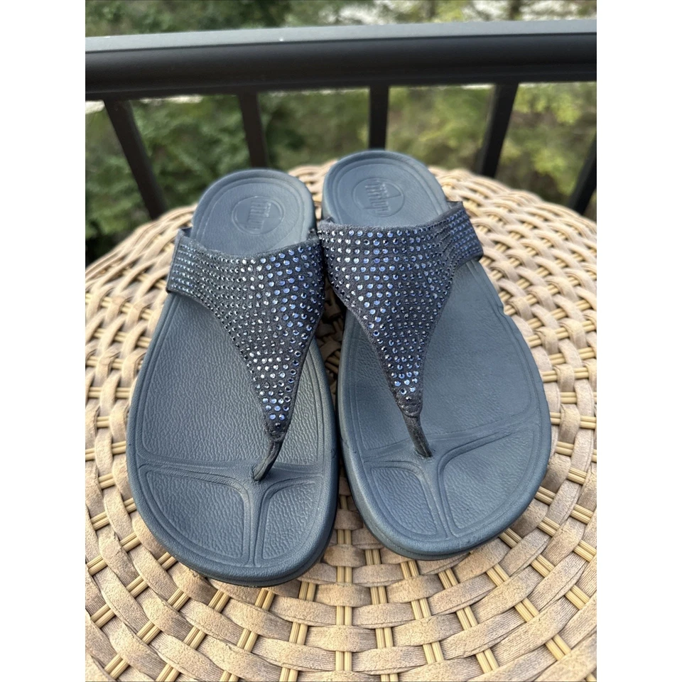 Fitflop Fit Flops Rokkit Leather Black Bling Toe-Post Sandals Slip On Women’s 5 - Image 2 of 4