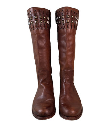 Sendra Knee High Boot Womens 8 Riding Moto Studded Western Pull On Brown Leather