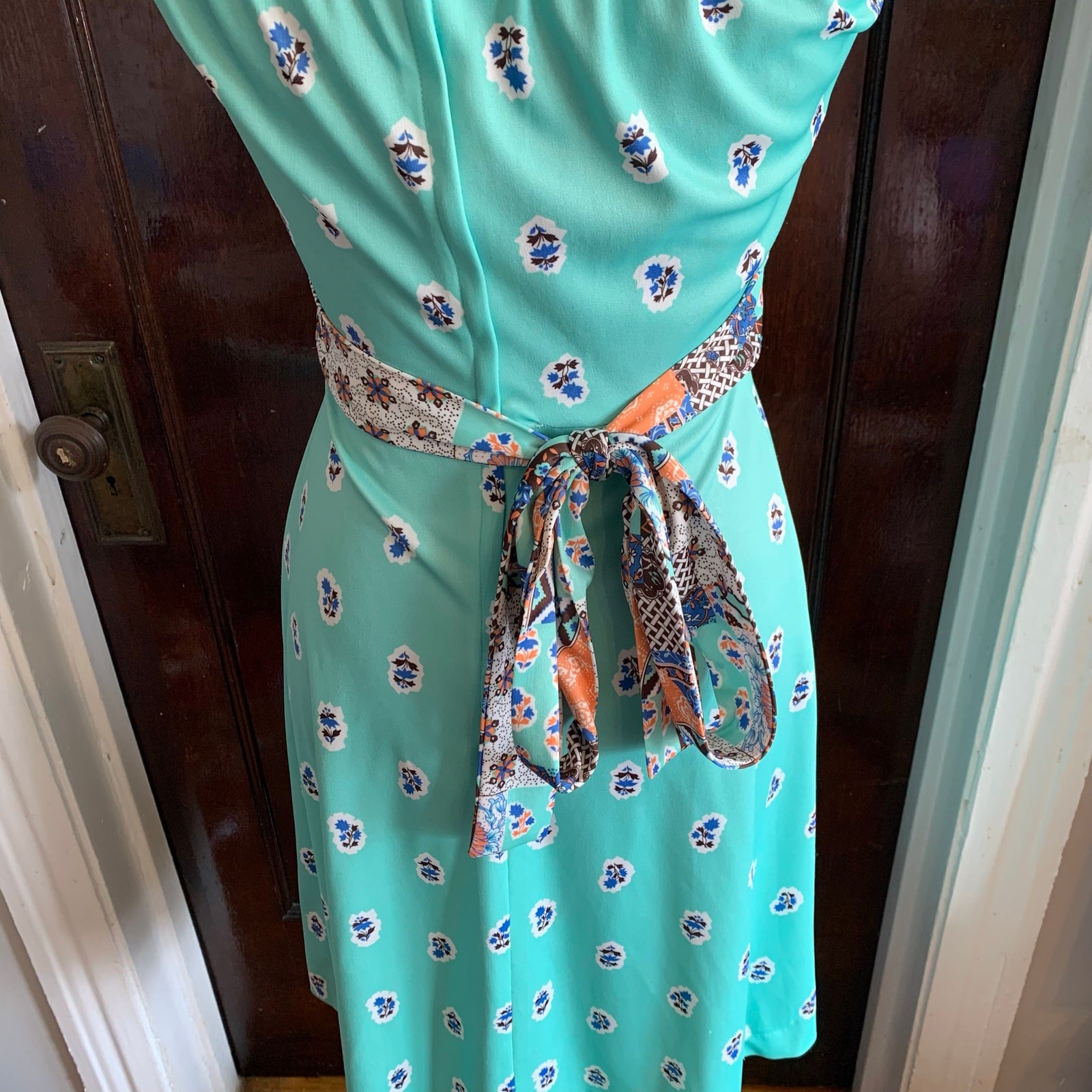 Vintage Polyester Boho Patchwork 70s Teal Brown D… - image 5