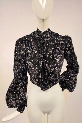 EARLY EDWARDIAN BLACK + WHITE FIGURED SILK BODICE W PUFF BOTTOM SLEEVES