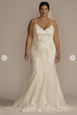 Oleg Cassini Size 22 Applique Lace-Up Spaghetti Strap Wedding Dress Ivory CWG957