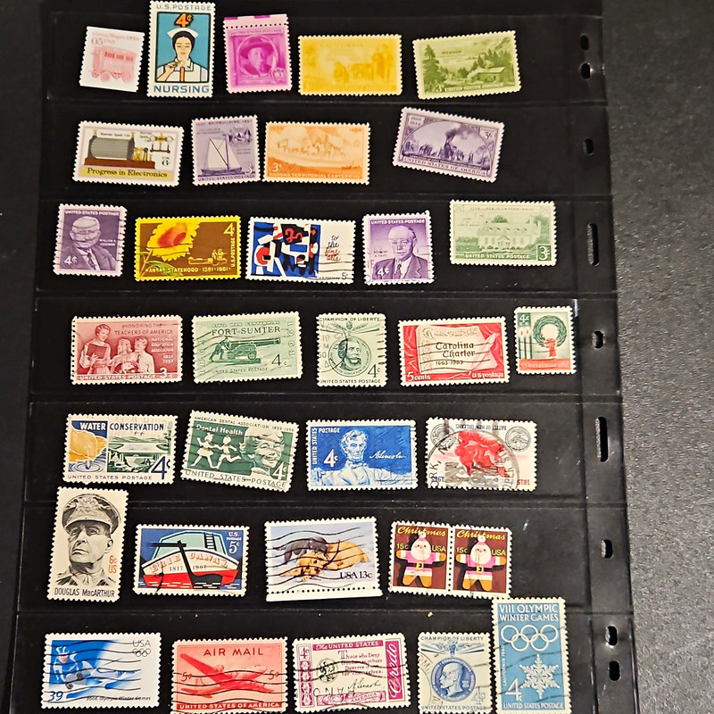 33 US Used Postage Stamp Lot On Album Page Off Paper 3c-39c Multicolor Topics