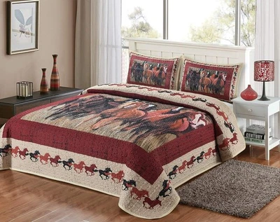 DELEON Western Horses Quilt & 2 Pillow Shams Set Rustic Stampede Bedding Decor - King