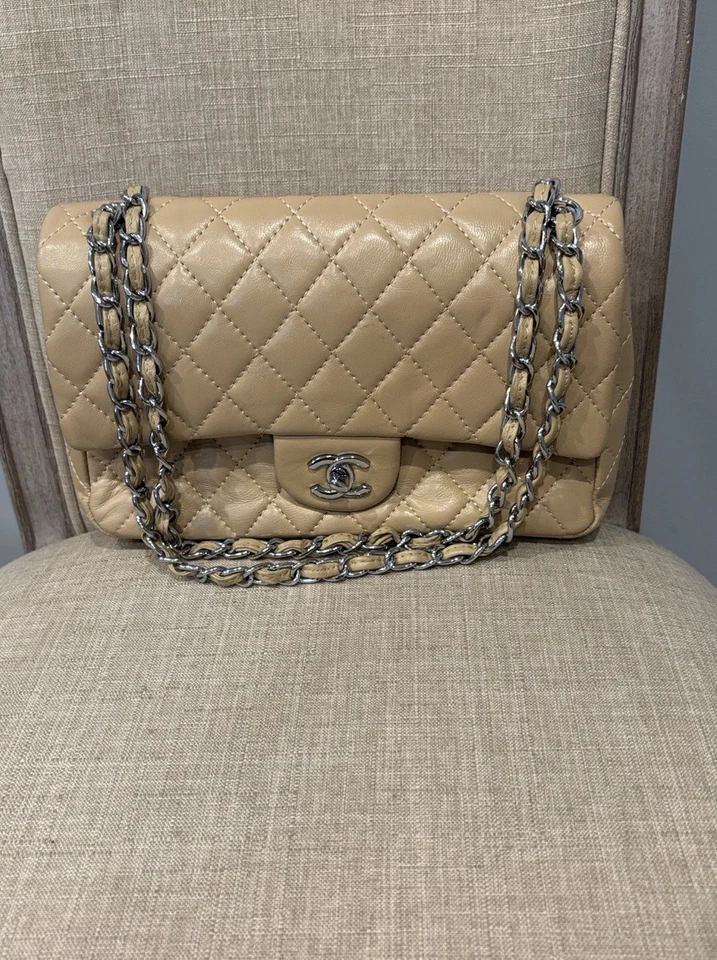 Bolso Cartera de Hombro Acolchado Cuero Doble Solapa Tostado Plata Herrajes Foto 2 de 4